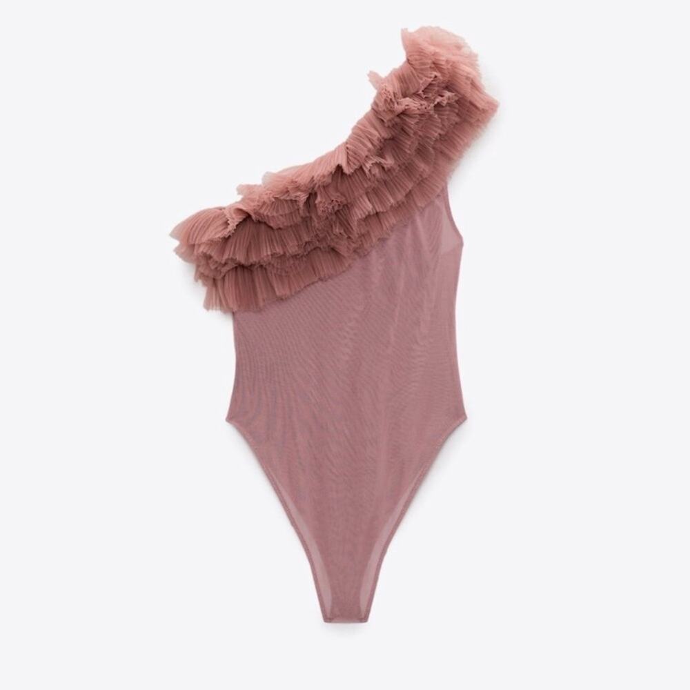 Zara Beige Pink One Shoulder Ruffled Tulle Bodysuit Bloggers Fave Small - Picture 10 of 11